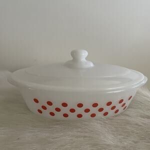 Vintage Glasbake White 1 Quart Casserole Dish W/ Lid Red Polka Dots Rare